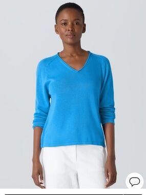 Eileen Fisher Peruvian Cotton Sweater V-Neck Lightweight Azure Blue NWT XL